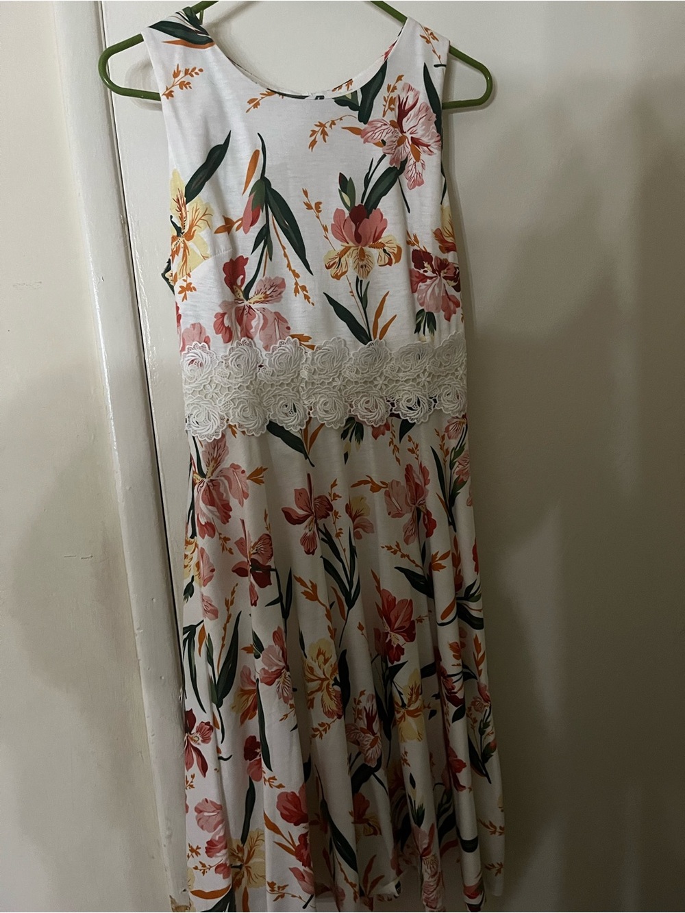 Floral Lace-Trim Midi Dress in White with Pink & Yellow Flowers